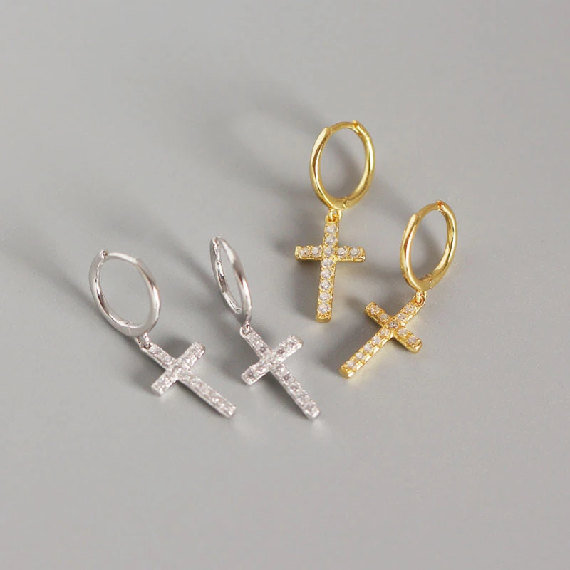 

925 Silver Ear Buckle CZ Cross Pendant Hoop Earrings Crystal Prevent Allergy Earring for Women Lady Fashion Ear Piercing Jewelry