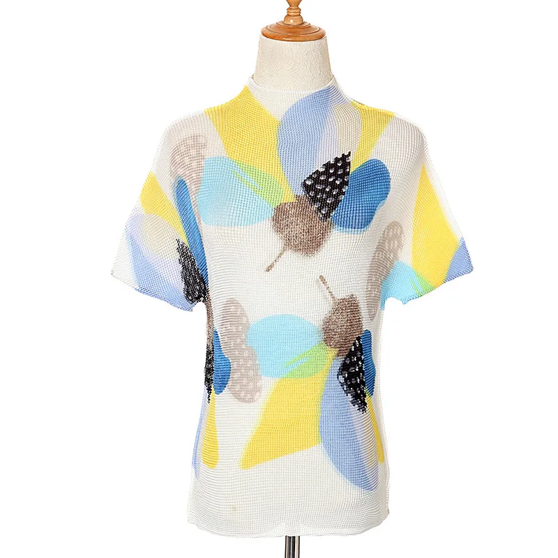 

TVVOVVIN Stylish Japan Pleated Women's Print Tops 2021 Summer Half High Collar Short Sleeve Elasticity T-shirt AIBJ