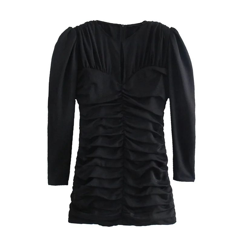 

Платье-Мини Черное Плиссированное с длинным рукавом и круглым вырезом