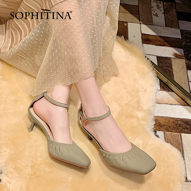 

SOPHITINA Fashion Pleated Female Shoes Ankle Buckle Concise Pure Color Shoes Elegant High Heel Cover-toe Women's Sandals DO395