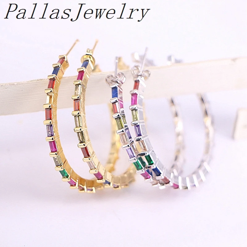 

4Pairs Popular Gold / Silver color Circle Cubic Zirconia Earring Women Jewelry Rainbow CZ Stud Earring colorful Jewelry