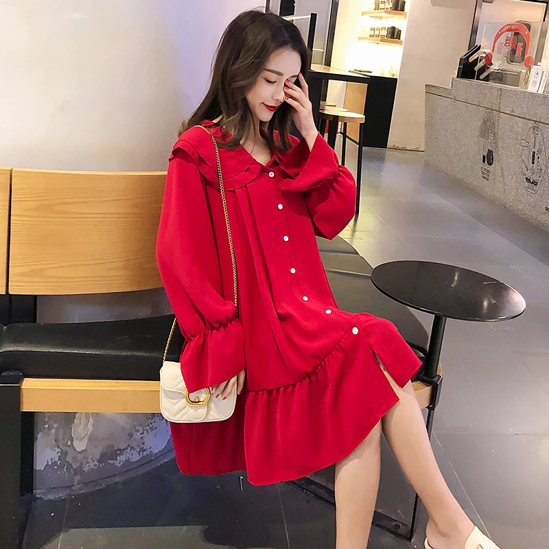 Осеннее платье для беременных женщин двухслойное с воротником Питер Пэн и