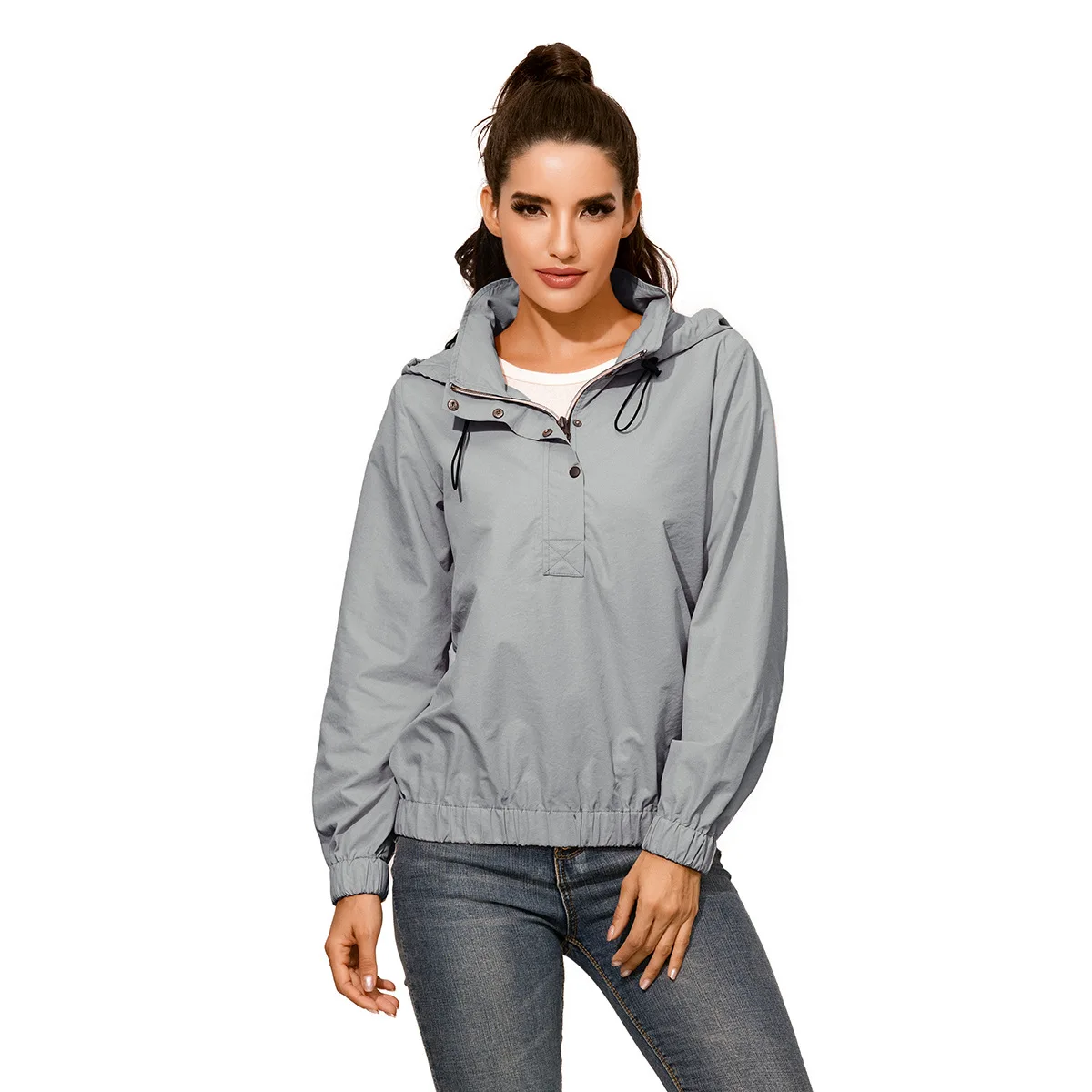 

Women Waterall Coat Fashion Autumn Hooded Trench Coats Casual Long Sleeve Loose Elastic Band Waterproof Sunscreen Riancoat