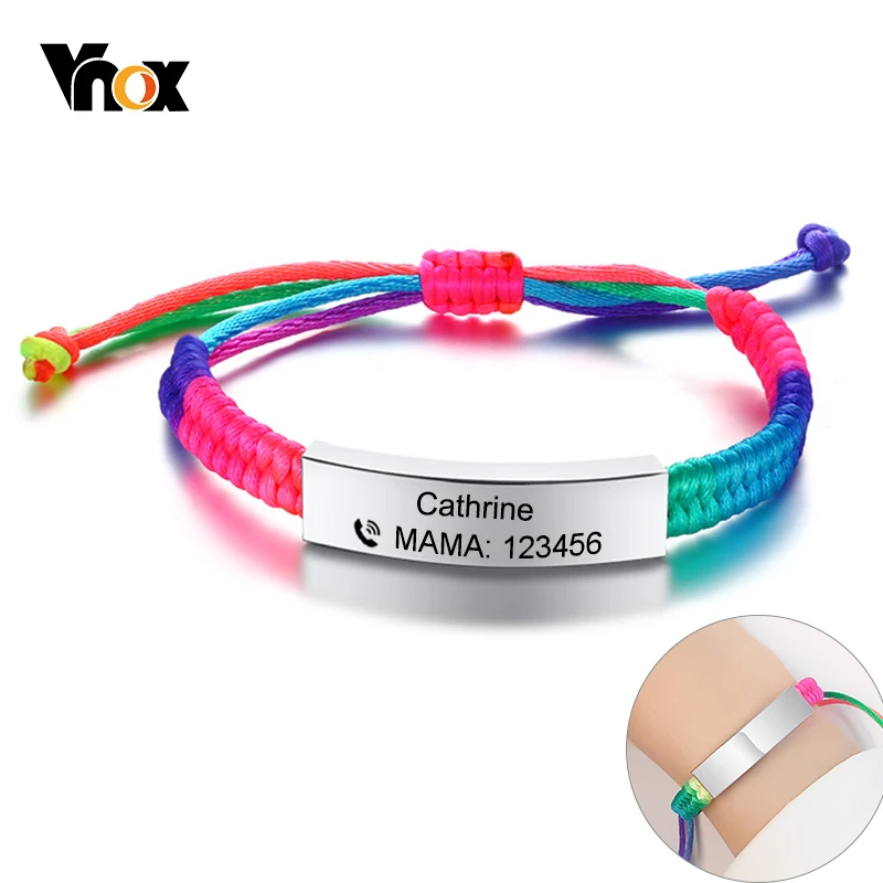 

Vnox Adjustable Customize Name Emergency Contact Bracelets for Kids Baby Handmade Braided Rainbow Colorful Rope Girls Boy Bangle