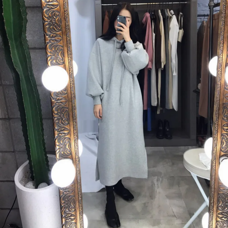 

Korean Winter Casual Loose Hooded Thickened Fleece Oversize Hoodie Dress for Women Long Sleeve Pink Black Hoodies Sweatshirt