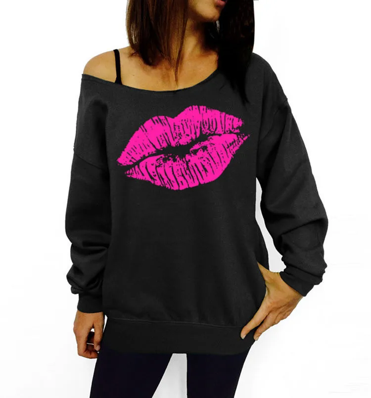 

Women Autumn Sweartshirt Long-Sleeved Pullovers Red Big Lips Pattern Tops Sexy Oblique Collar Female Clothing Hot Sale