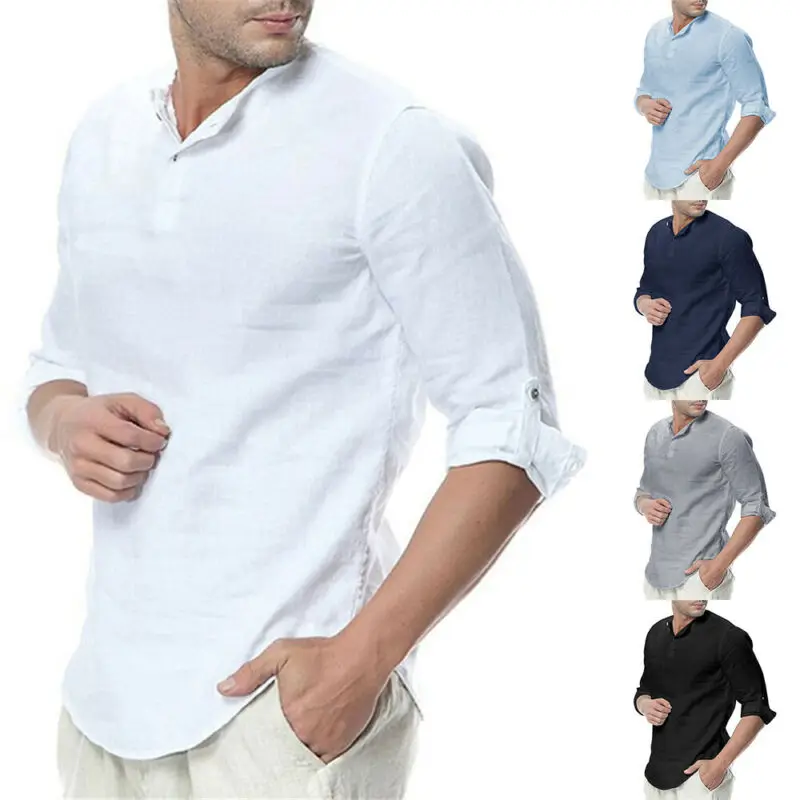 

Mens Casual Long Sleeve Button Tops Plain Blouse Comfy Stand Collar Shirts Tee