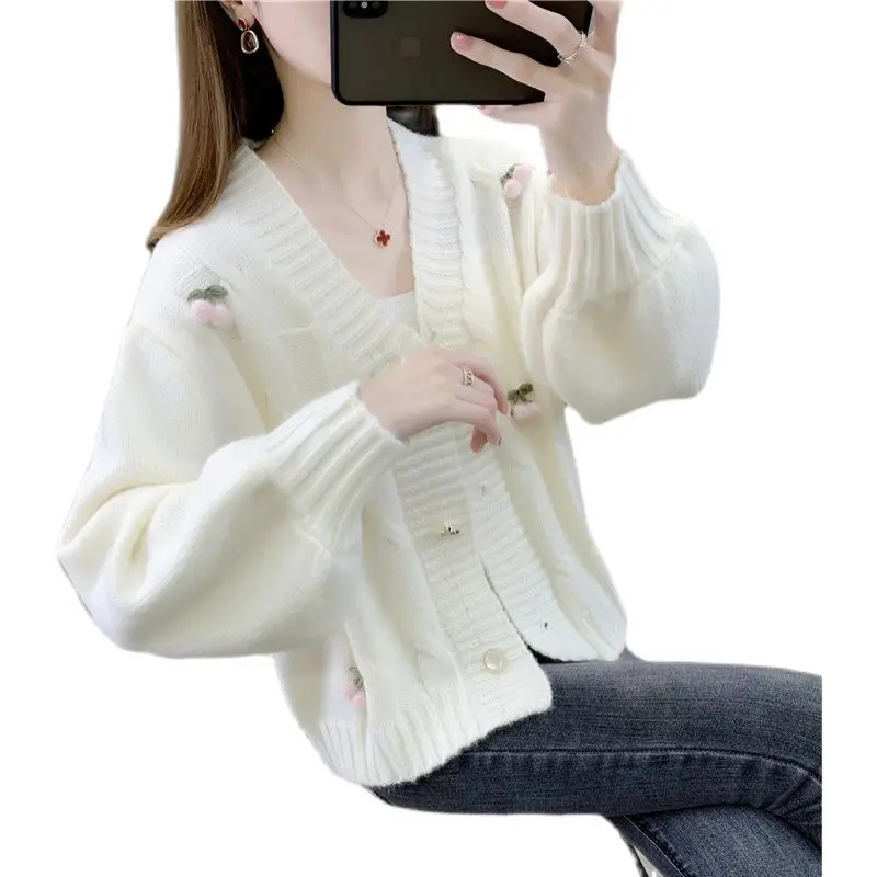 Однотонный вязаный кардиган с вышивкой V-образным вырезом |