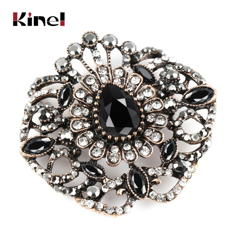 Kinel Мода Большой Хрустальный цветок женские брошки Винтаж Черная брошь булавки
