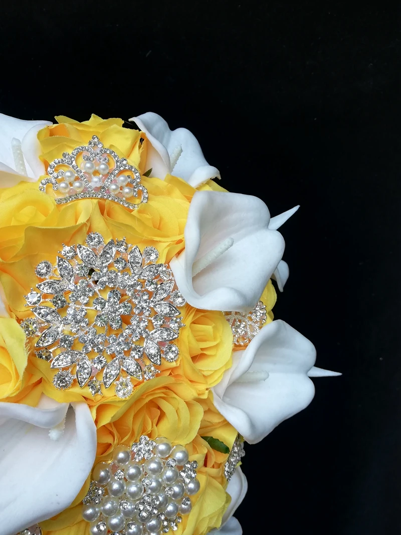 

Real Photo New Arrival Gold Yellow Roses,White Callalily Cascading Wedding Bouquet Ramo de Novia
