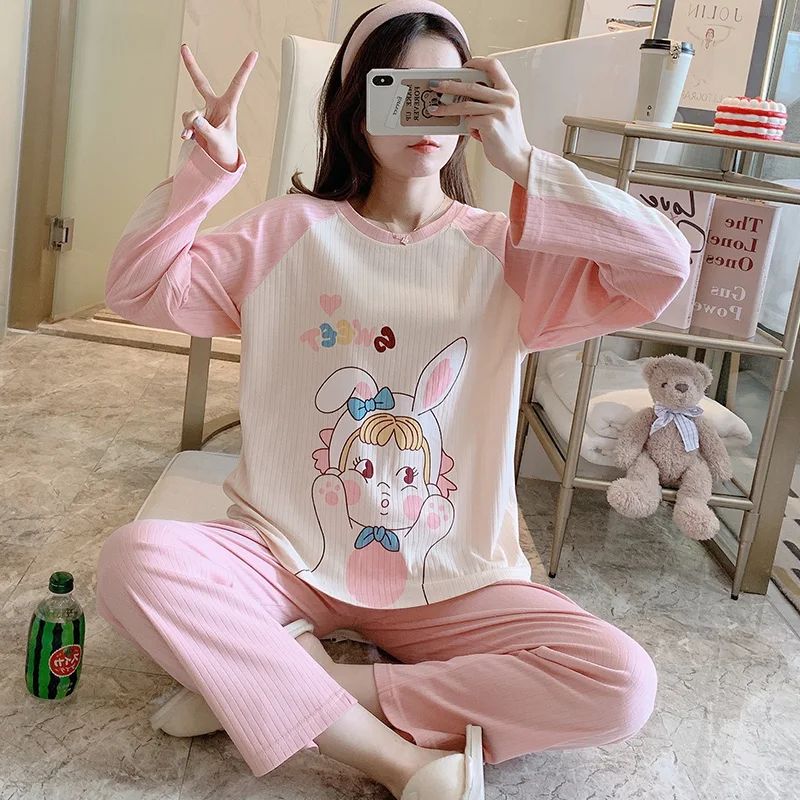 Pajamas Womens Spring and Autumn Pure Cotton Cute Korean Style Long Sleeve Suit Rabbit Girl Student Summer Autumn and Winter