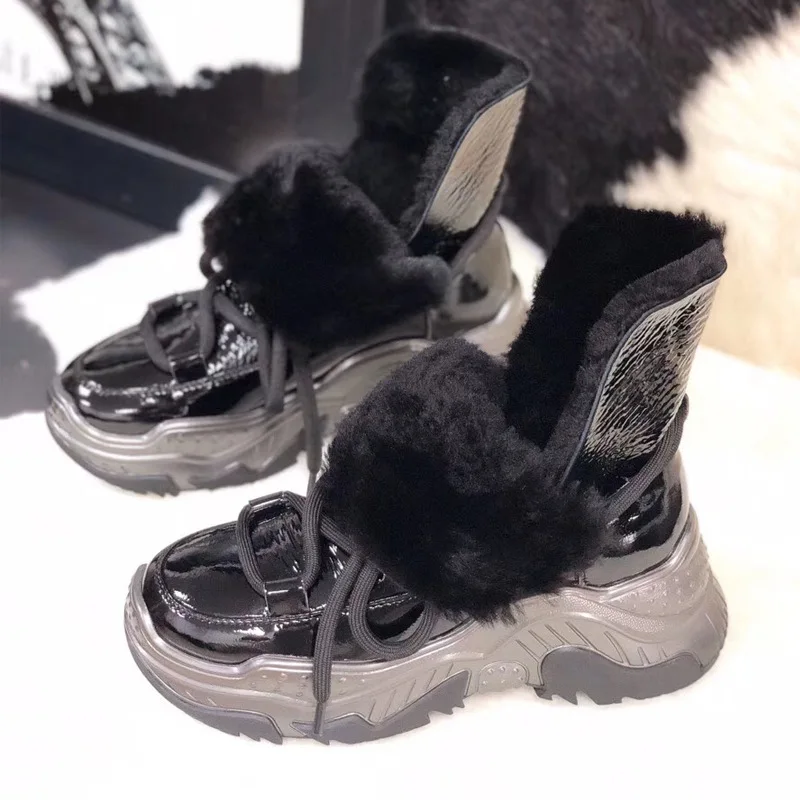 Black Bottes femme/Новая зимняя обувь; женские зимние ботинки; зимние ботинки из натуральной кожи с перекрестной шнуровкой; botas mujer - Color: Black