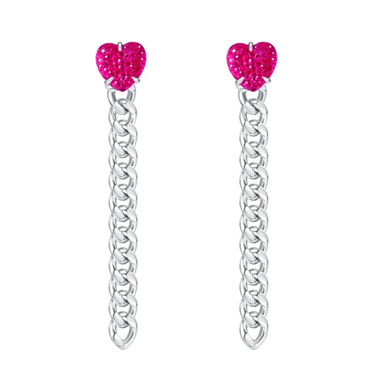 

New red love Crystal Earrings women's long chain light luxury Peach Heart Earrings