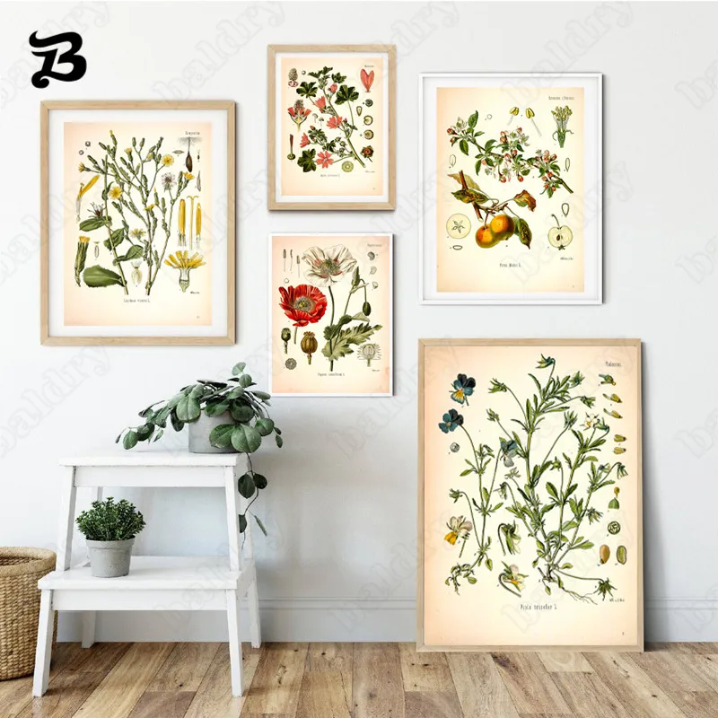

Retro Art Wall Pictures Posters and Prints Wall Art Green Plants and Fruit Canvas Painting Lemon Flower Living Room Home Decor