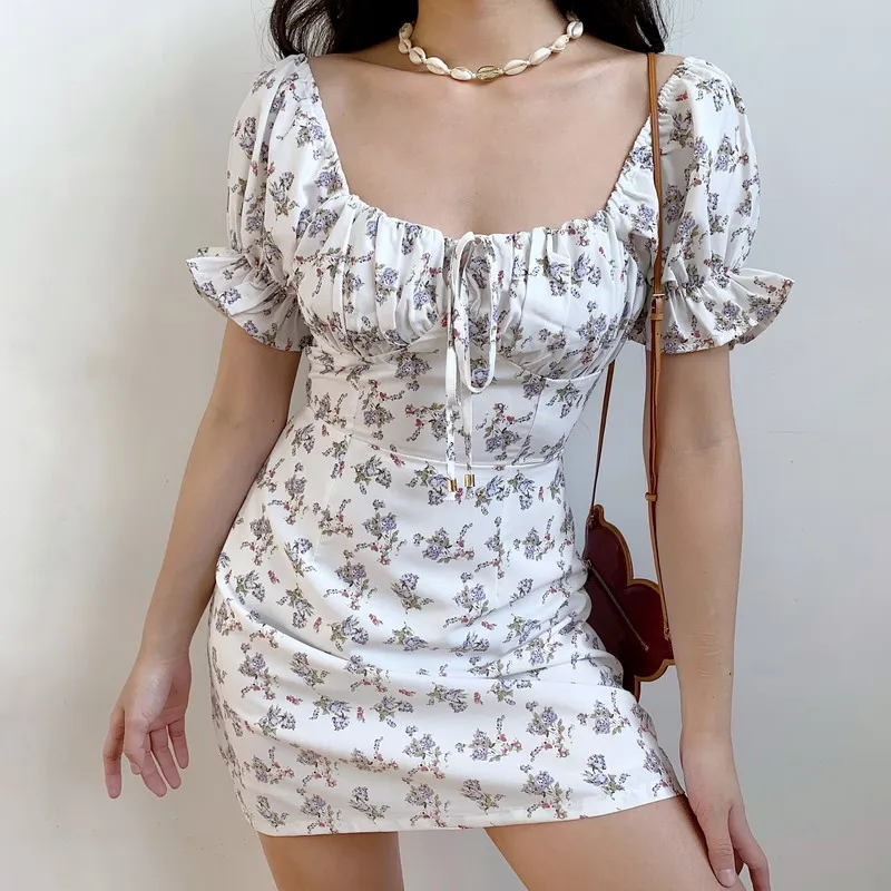 

Summer Dress Puff Sleeve Women Retro Floral Print Mini Sexy off shoulder vestidos