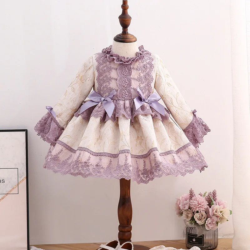 

Зимнее платье для девочек 2021, милое платье с длинным рукавом, фиолетовое кружевное платье-трапеция с бантом и оборками, красивое платье для ...