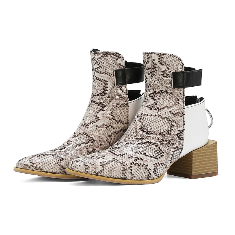 

Lucyever Plus Size 34-48 Women Square Heels Snakeskin Boots Pointed Toe Zipper PU Leather Ankle Boots Female Sexy Party Shoes