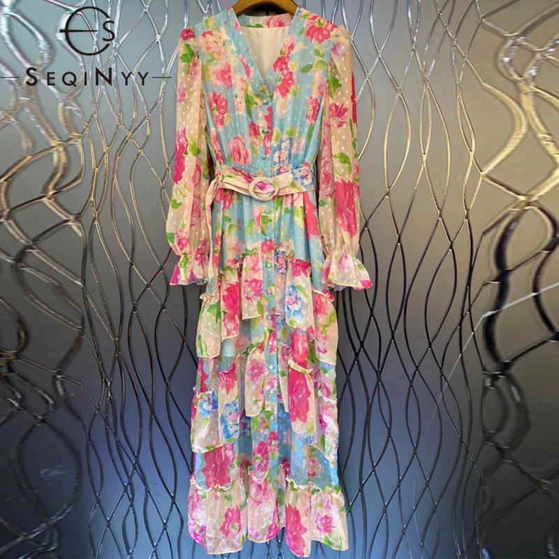 

Женское платье в горошек SEQINYY, Элегантное длинное синее/розовое платье с каскадными оборками, с цветочным принтом, пояс в горошек, весна-осен...