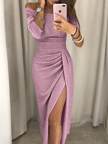 

Zoulv Long Sleeve Knitte Shiny Off Shoulder Ruched Thigh Slit Dress Autumn Women Fashion Sexy Elegant Bodycon Party Dresses