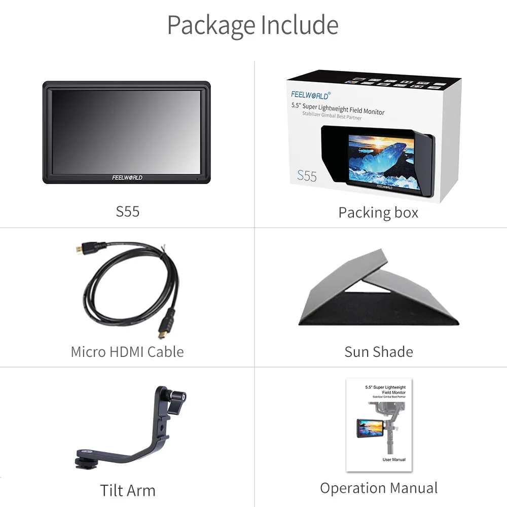 Standard Accessories FEELWORLD S55 5,5 дюймов ips на камеру поле DSLR монитор фокус помощь 1280x720 поддержка 4K HDMI вход выход DC включает Наклонный рычаг - Цвет: Standard Accessories