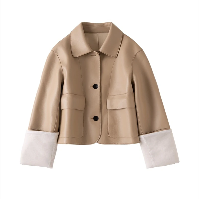 

mported sheepskin jacket women 2020 new double patch pocket curled spring and autumn leather leather jacket women short fashion