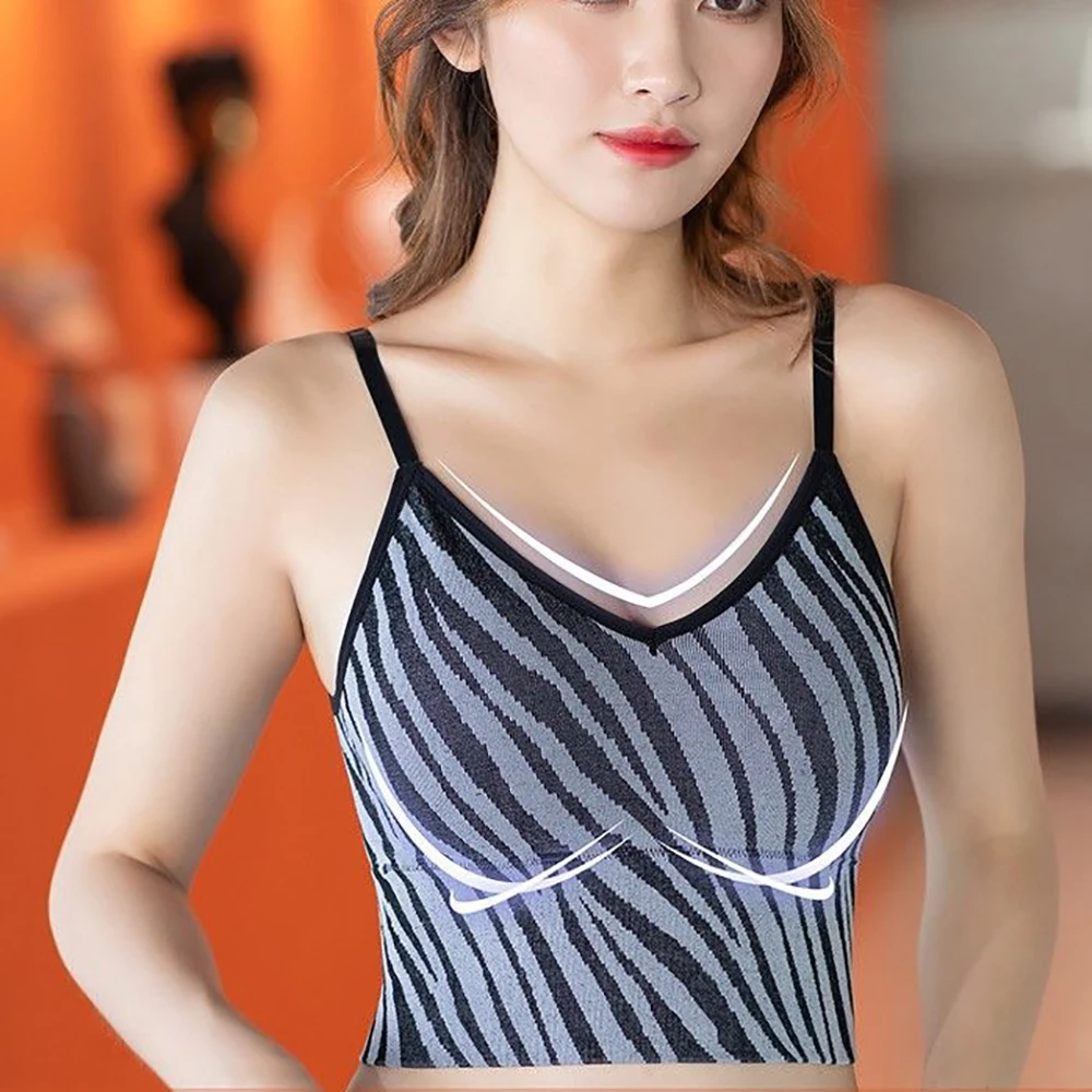 

Fashion Contrast Stripes Crop Tops Three-dimensional Breast Pad Abdomen Elastic Sexy Vest Sling Streetwear Crop Tops For Women