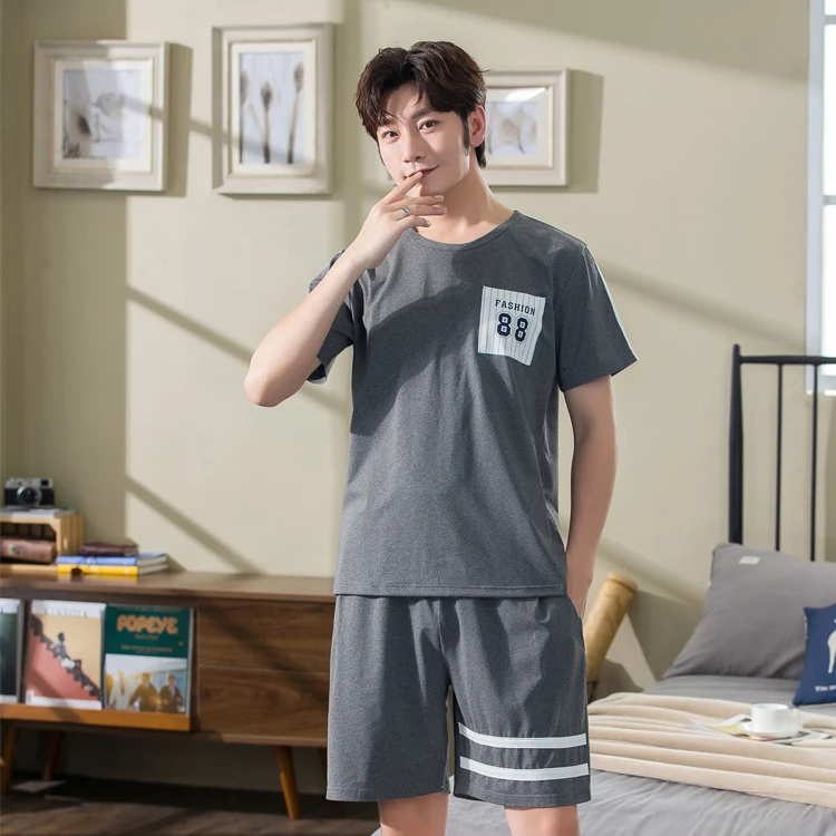 

Men's Pajama Set Loose Summer Comfortable Men Sleepwear Short Sleeve Cotton Pajamas Men Elastic Waist Pant Leisure Soft Outwear