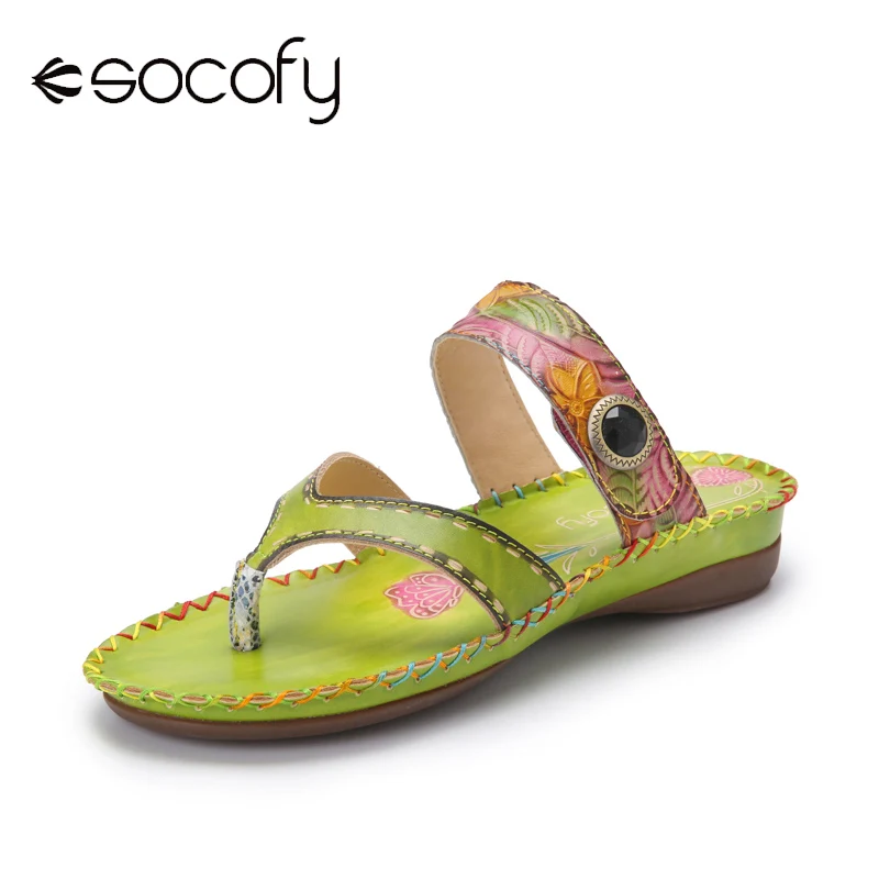 

Socofy Bohemian Flat Heel Shoes Ethnic Print Genuine Leather Floral Flip Flops Adjustable Hook Loop Clip Toe Flat Beach Sandals