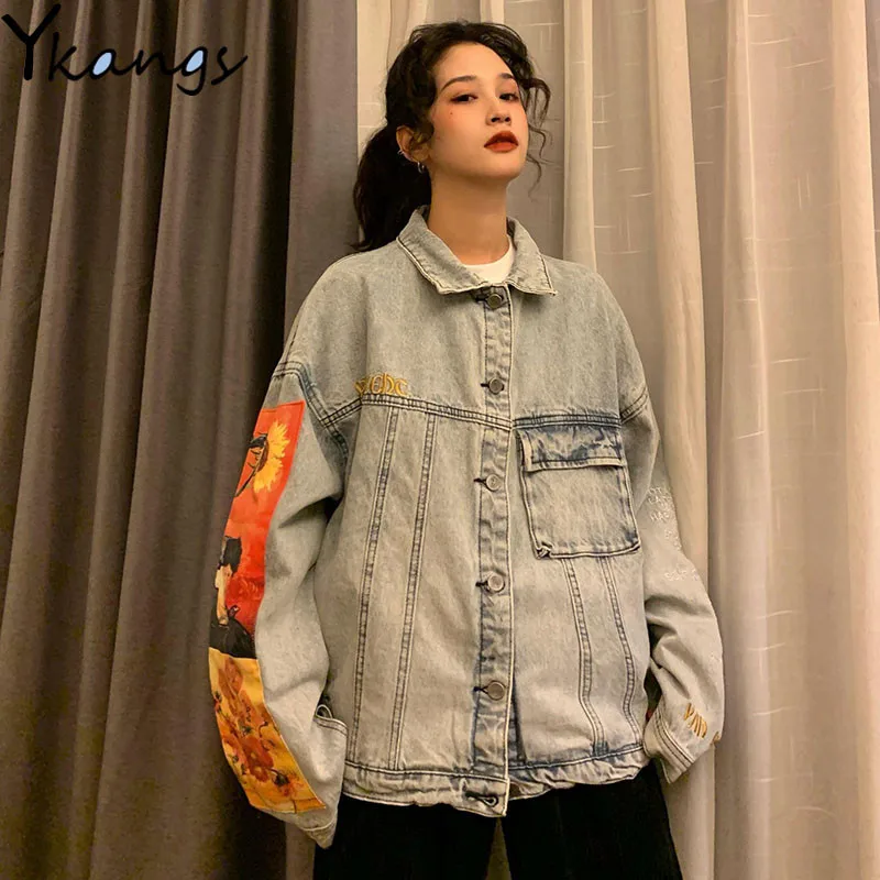 Длинная джинсовая куртка с мультяшным принтом Женская шикарная уличная одежда в