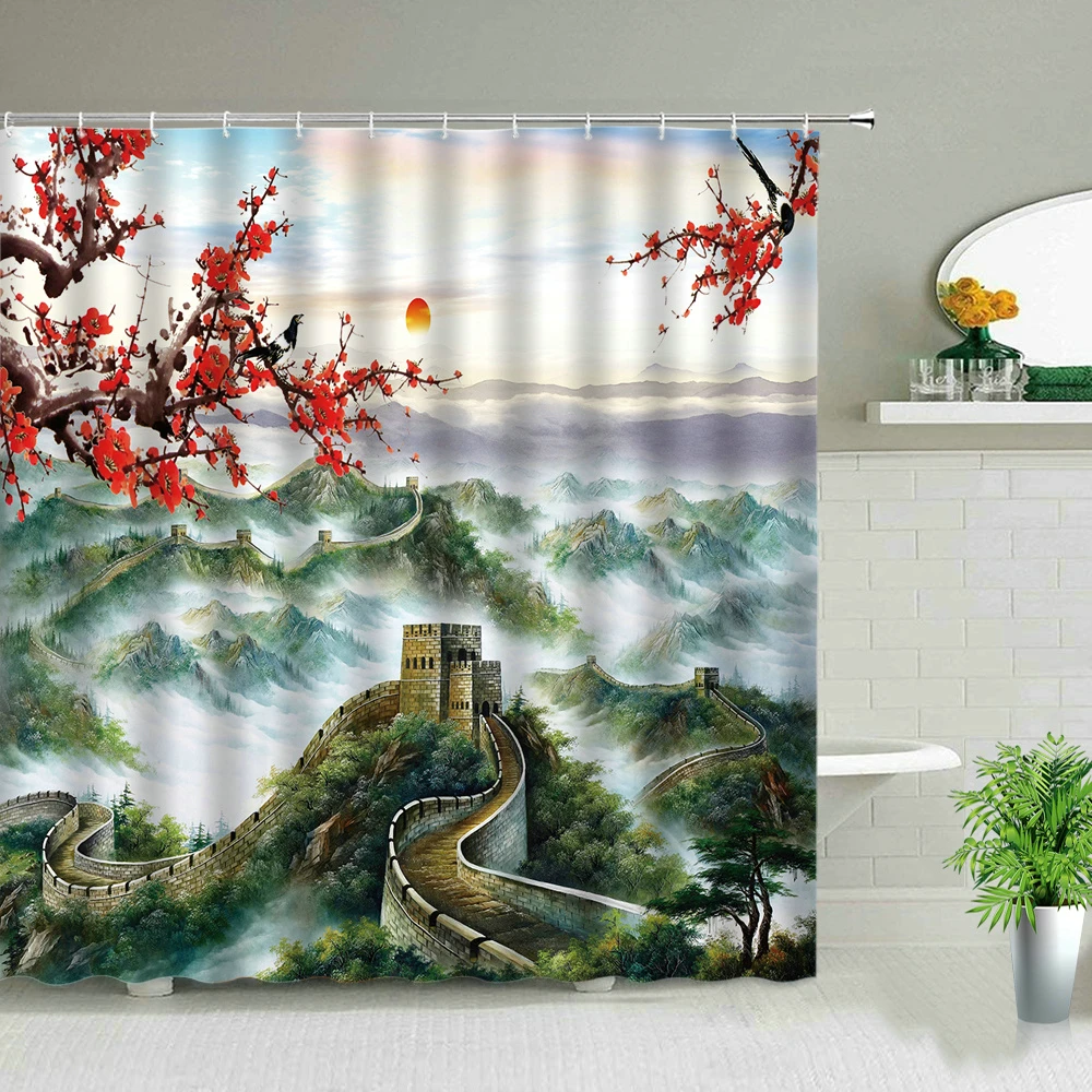 chinese style flower bird scenery shower curtains plant floral landscape bathroom waterproof fabric bath curtain set with hooks free global shipping