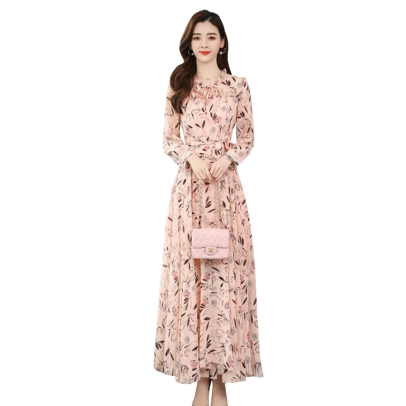 

Shredded flower long-sleeved chiffon dress 2021 spring new long-sleeved waist show thin long skirt thin trend