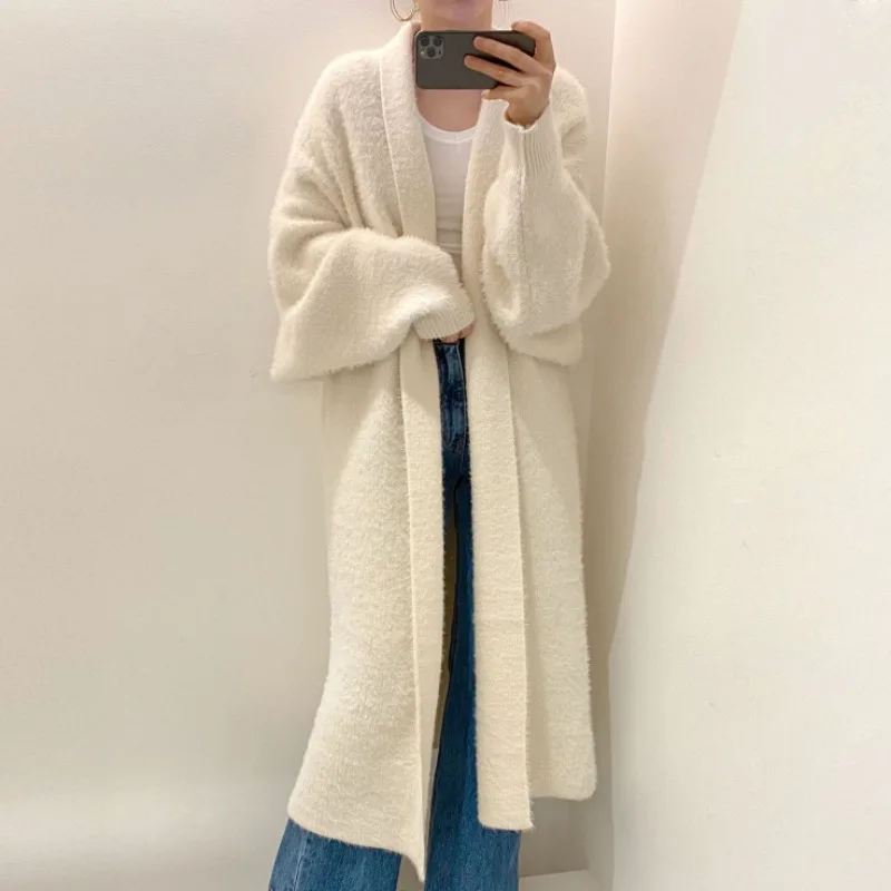 Корейский шикарный минималистичный элегантный свитер средней длины с лацканами