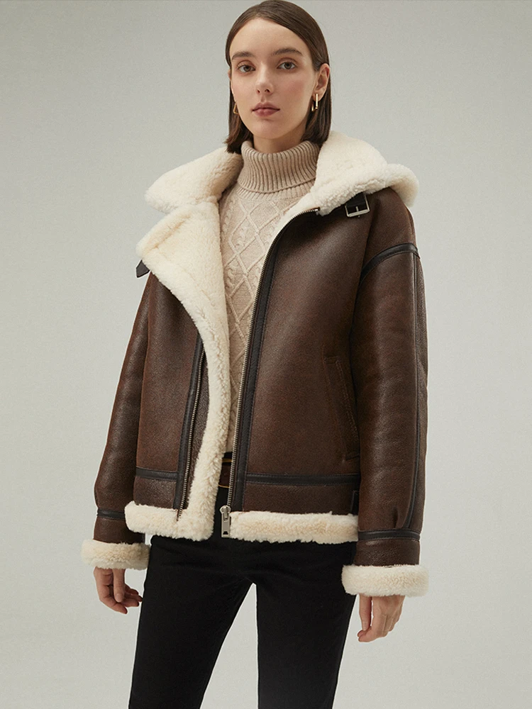 2020 New Womens Shearling Jacket Thicken Wool Coat Short Leather Jacket Hooded Fur Jacket Sheepskin Coat