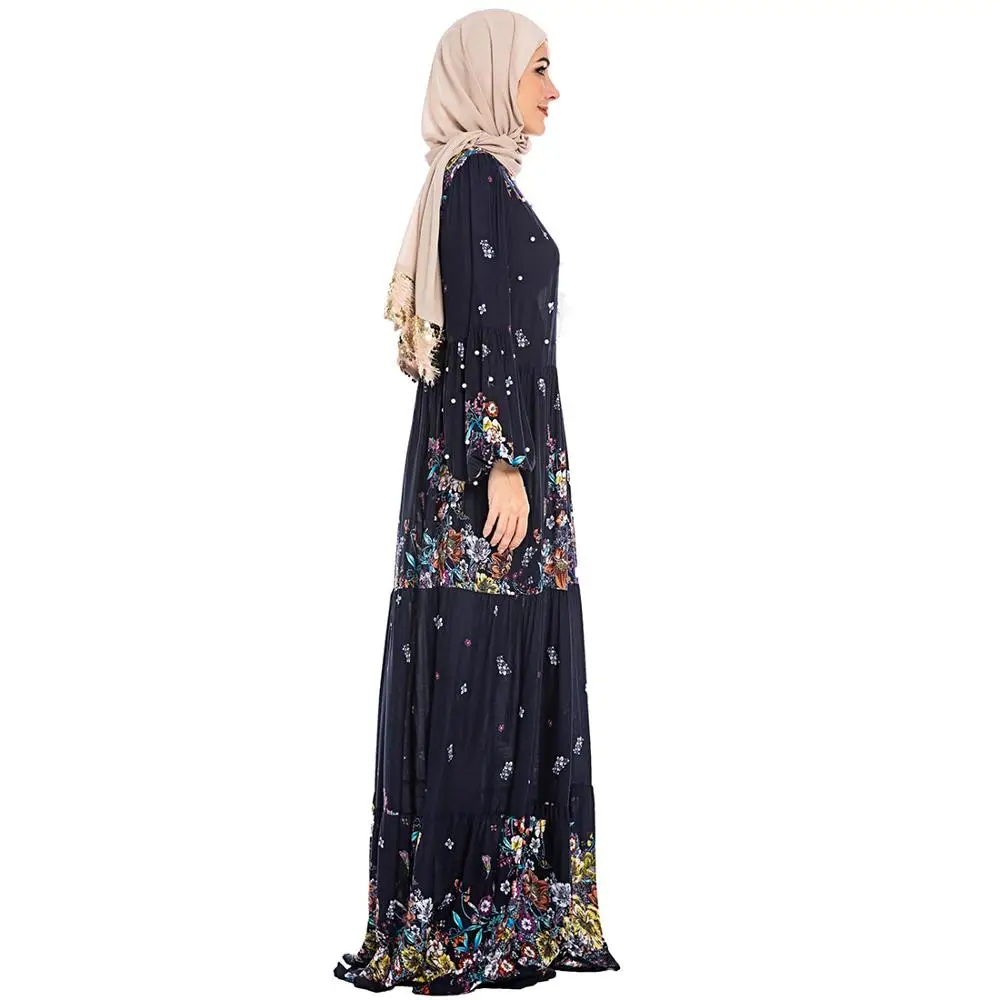 Женское мусульманское платье-кафтан абайя с цветным принтом и жемчужным