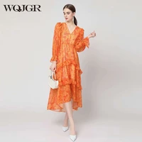 wqjgr summer elegant dresses for women high quality full sleeve pullover irregular hem orange party female dress