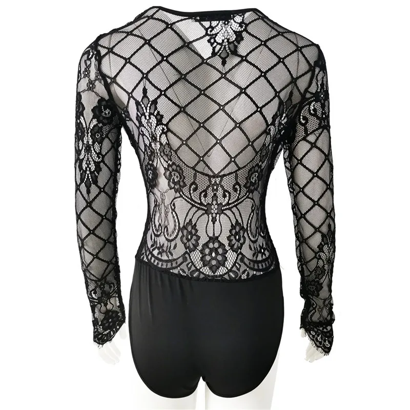 

Fashion Casual Summer Clothing Slim Sexy Bodysuits Sexy Lace Bodysuit Women Long Sleeve Black Skinny Bodysuits