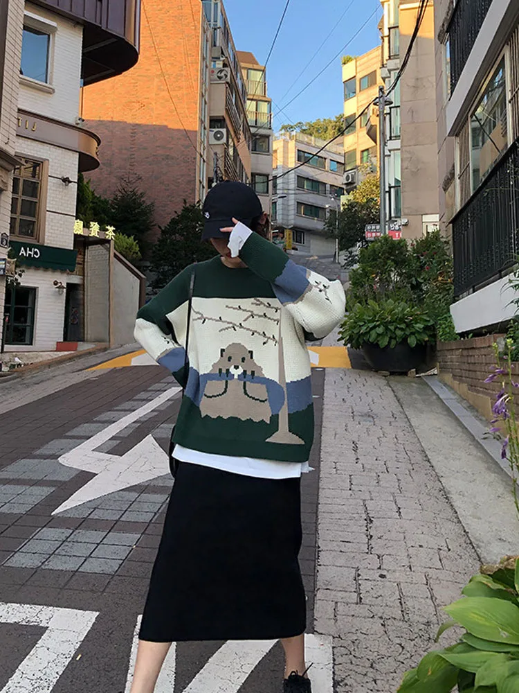 20120 Autumn Winter New Bear Women Sweater Loose Cartoon Thicken Pullovers Jumper Female Kawaii Cute Knitted Tops | Женская одежда