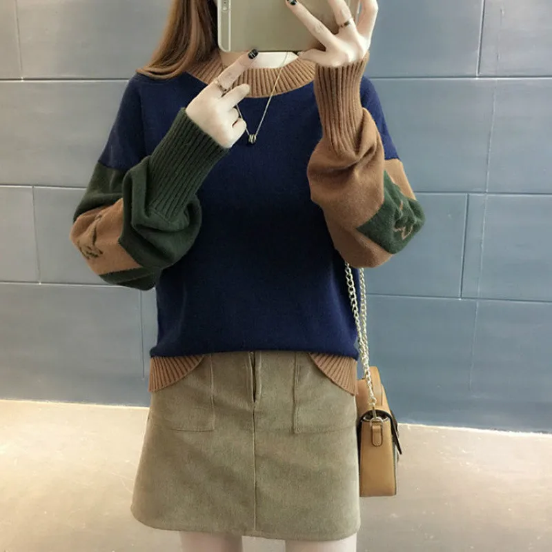 Woherb Harajuku контрастный цвет женский свитер пуловеры Свободные фонари рукав Femme джемпер корейский милый вязаный зимний толстый Одежда