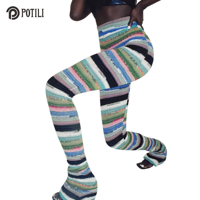 

POTILI New Colorful Striped Knitted Stacked Pants Streetwear Women Hippie Clothes Spring Autumn Sexy Fashion Extra Long Trousers