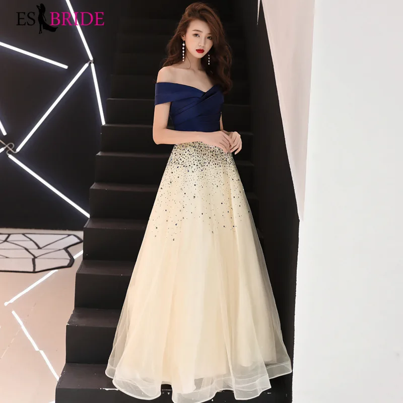 Темно синие Сатиновые вечерние платья ES3240 А силуэт с v образным вырезом