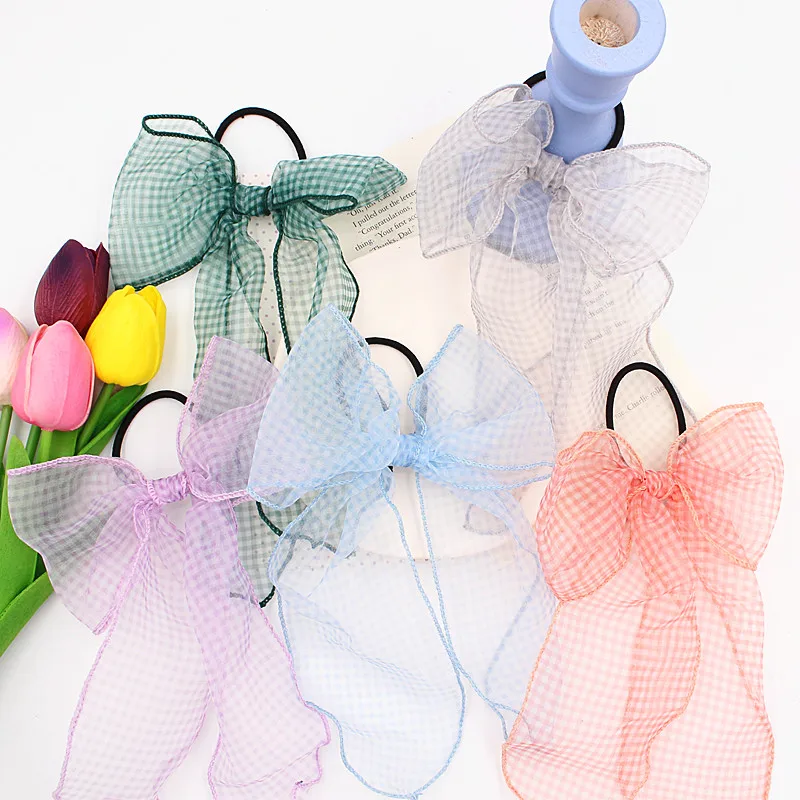 

Мягкая эластичная лента для волос из органзы с бантом, Женская лента для волос в клетку, хвост, женская заколка для волос, кольца для волос ру...