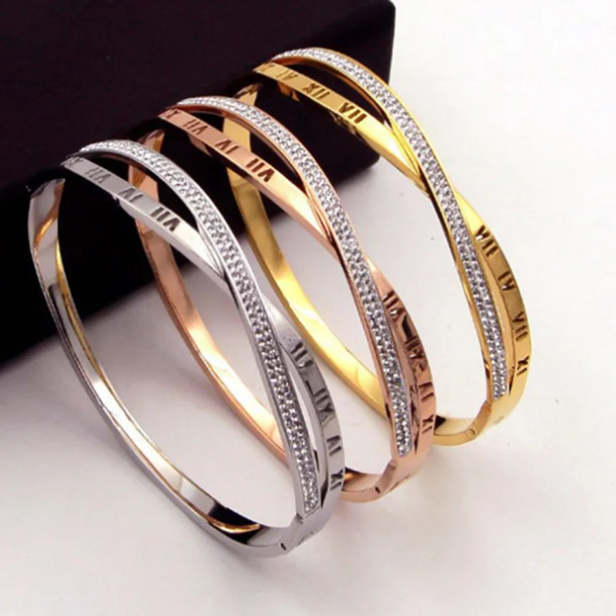 Римские цифры Роскошные CZ H манжеты цвета розового золота женские браслеты крест