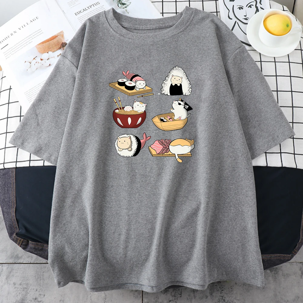 Cute Cartoons Sushi Cat T Shirts Girls 2021 Summer Soft Casual T-Shirt Korean Style New Base Tees Ins Fashion Women's Tshirts | Женская