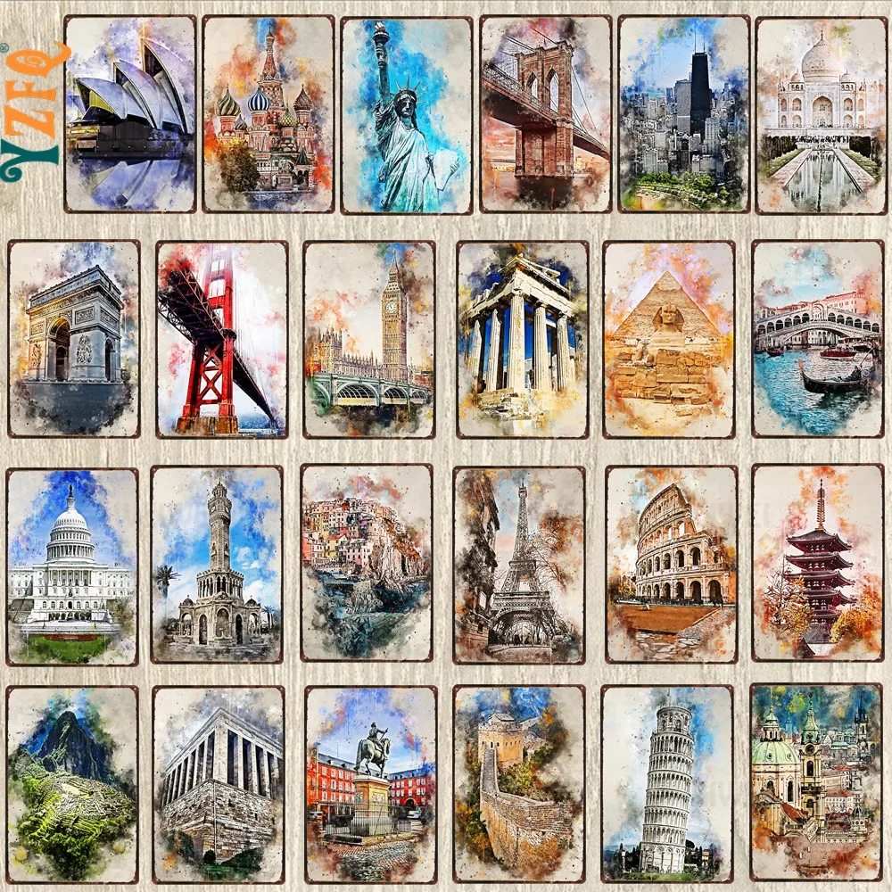 

Famous Sights Of The City Metal Tin Sign Travel Souvenir Wall Bar Art Restaurant Home Decor 30X20CM