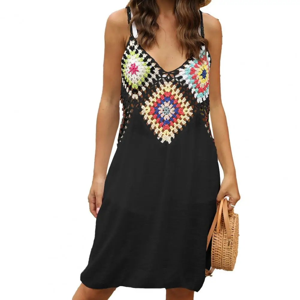 

Female Sling See-through Crochet Hollow V-neck Loose Hem Dress Sleeveless Sundress Knee-Length Dresses Woman Summer 2021
