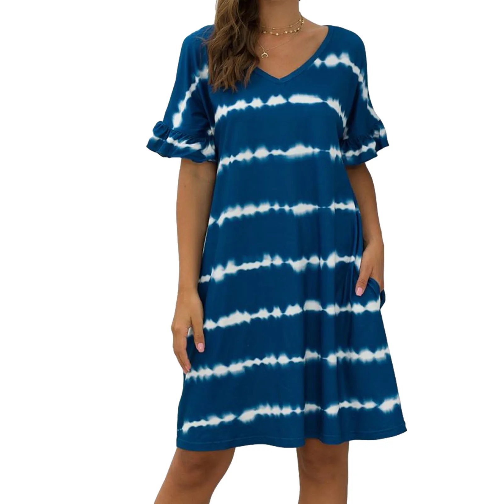 

Women V Neck Casual Dress Sweet & Cute Tie Dye Print Dress Pocket Wavy Striped Tie-dye Casual Loose Short-sleeved Dress