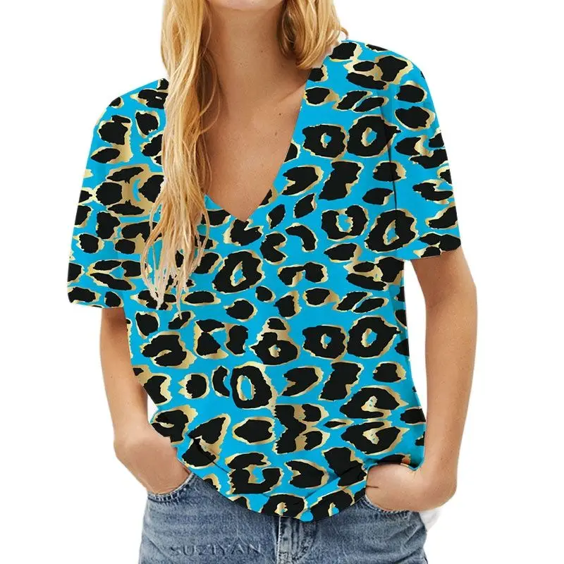 

Women's Leopard T-shirts Short Sleeve Printed Sexy Tops Tee Girlfriend Streetwear Hip Hop Summer 3d Casual Female V Neck T Shirt