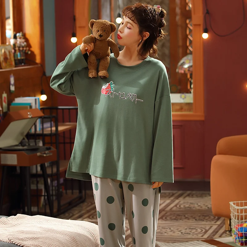 

Весенний хлопковый комплект одежды для женщин, пижамы с длинными рукавами, украшенные буквами женские пижамный комплект с принтом в виде бо...