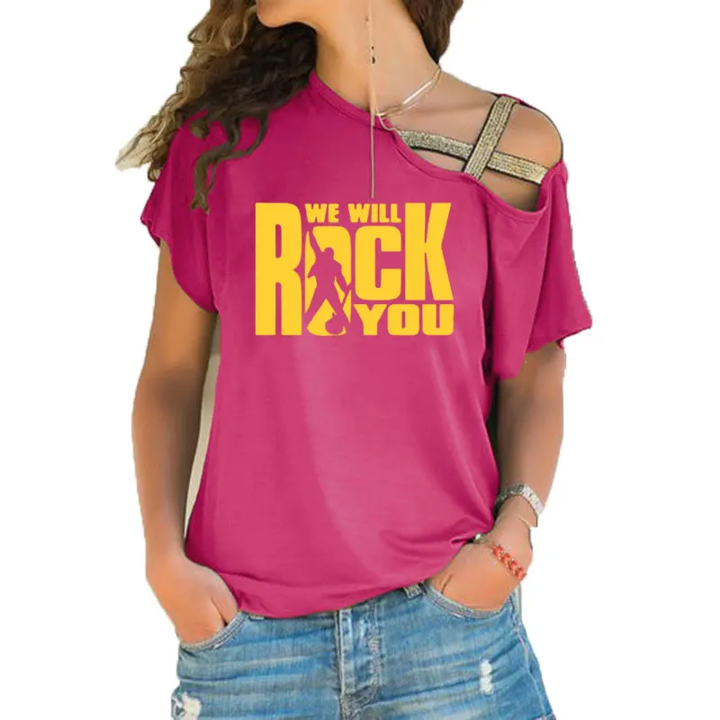We Will Rock You, женская футболка, летняя, queen, рок-группа, футболка, короткий рукав, хлопок, рок-ролл, для женщин, с неровным перекосом, крест, топы - Цвет: 16