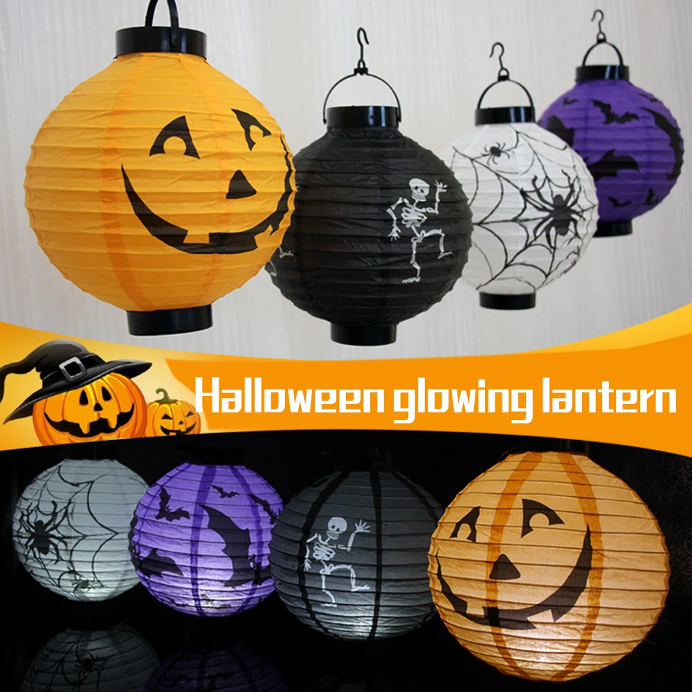 

8inch Halloween Glowing Lanterns Light Funny LED Paper Pumpkin Bat Spider Skull Hanging Lantern Lamp Home Horror Decora Supply
